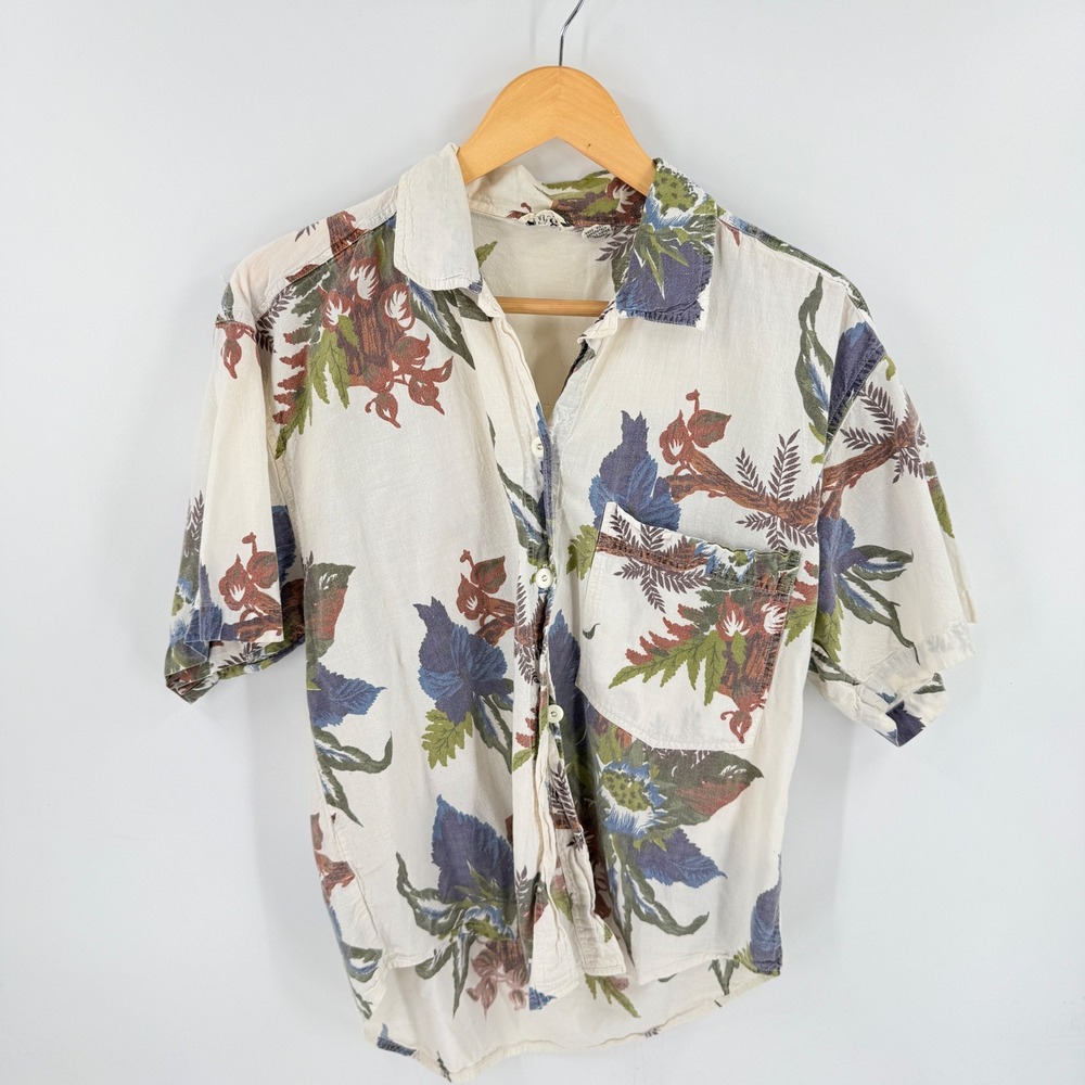 Vintage 90s Camp Shirt Palm Print Button Up Floral Small 90s Tropical Cotton